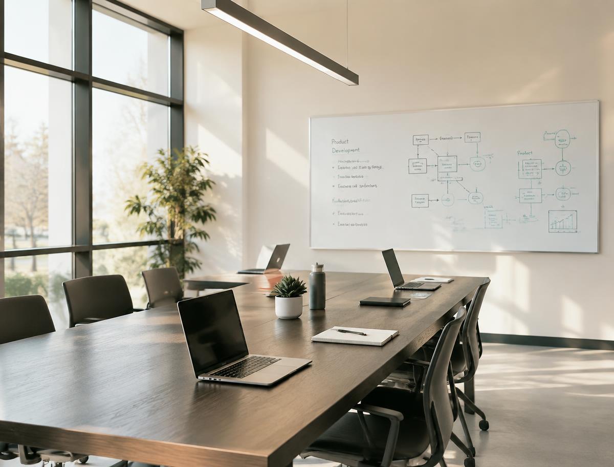 Empty meeting room with laptops and a whiteboard of system diagrams