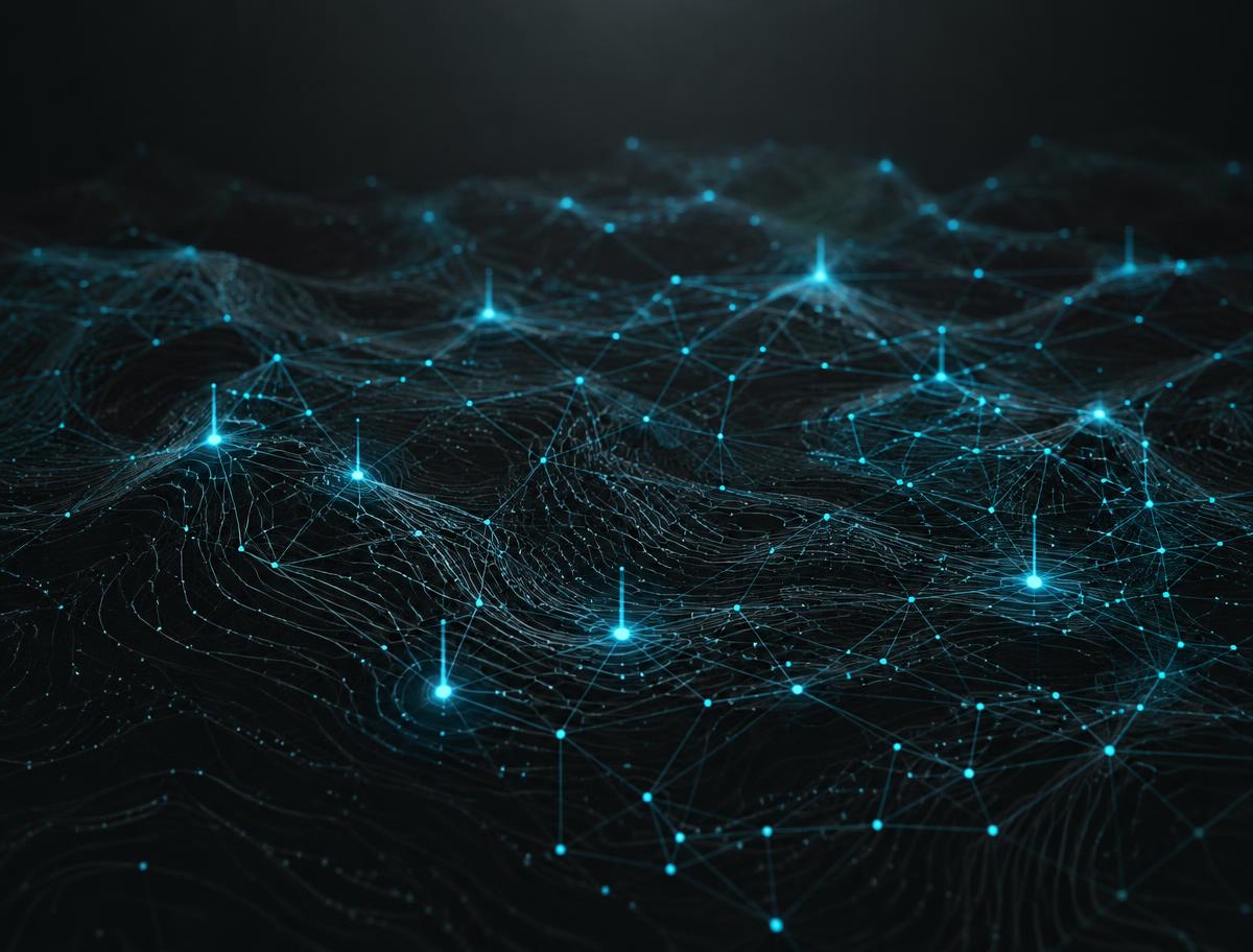 Abstract network of glowing nodes over a dark contour grid