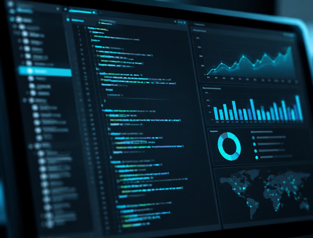 Code editor and analytics dashboard on a dark monitor